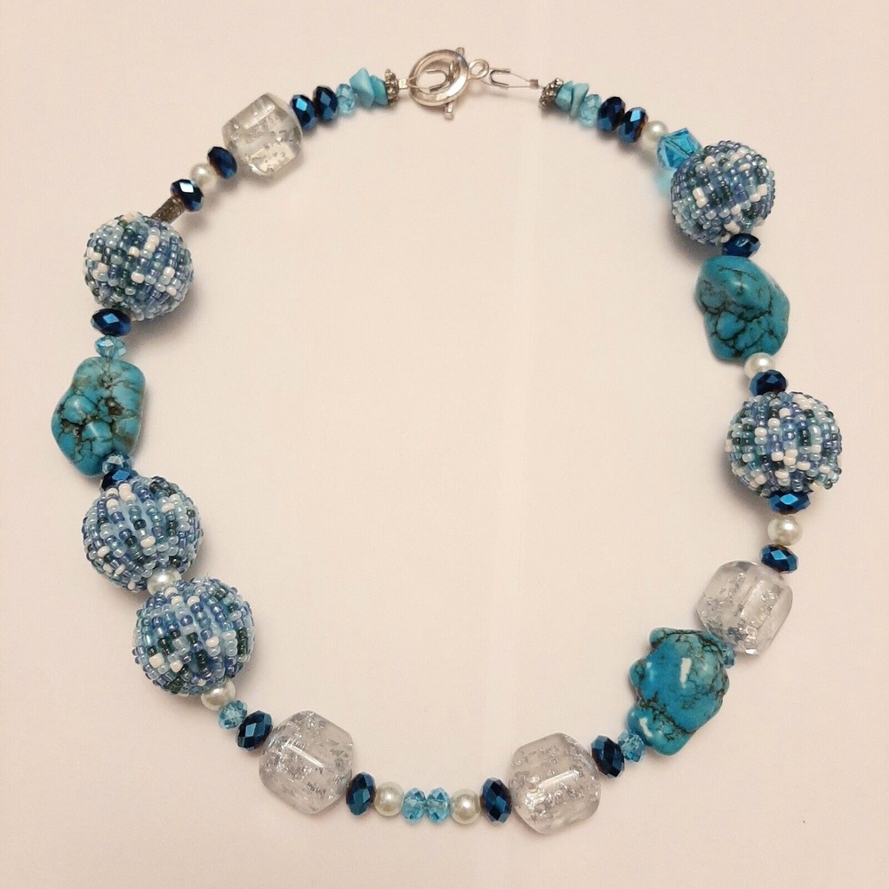 Vintage Chunky Blue Beads with Turquoise Stone Necklace Unique Design - Picture 2 of 5
